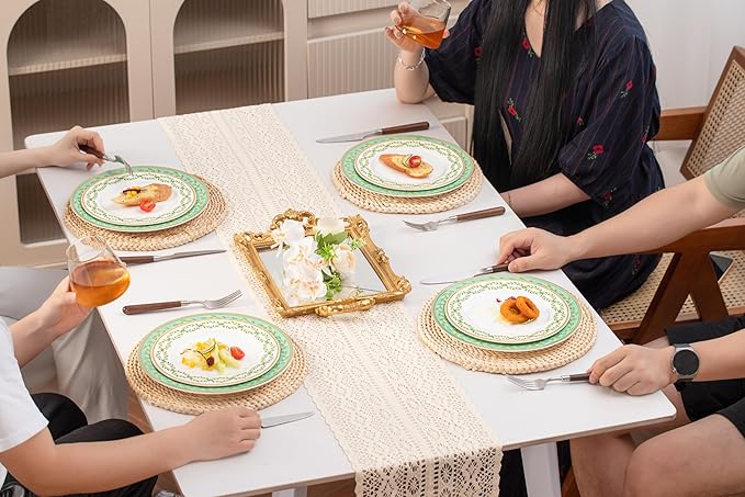 High Bone China Dinnerware Set, 12-Piece Artistic Green Plates and Bowls, Lightweight & Chip Resistant Ceramic Service for 4, Dishwasher Safe Elegant Kitchen Dining