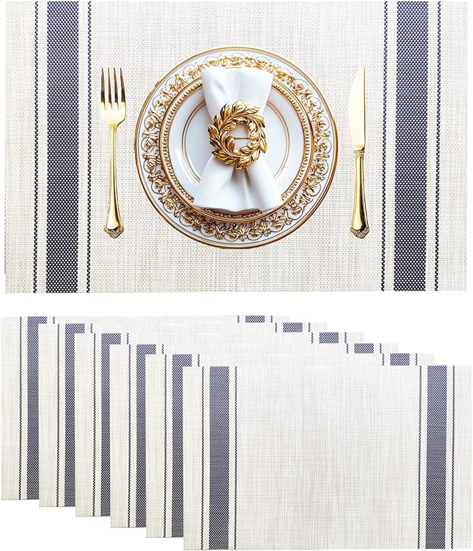 Placemats Set of 6 Vinyl Washable Placemats, 18"x12" Wipeable Heat-Resistant Non-Slip Easy Clean Table Mats Ideal for Dining Table Table Runner and Outdoor (6, Blue Wide Stripe)