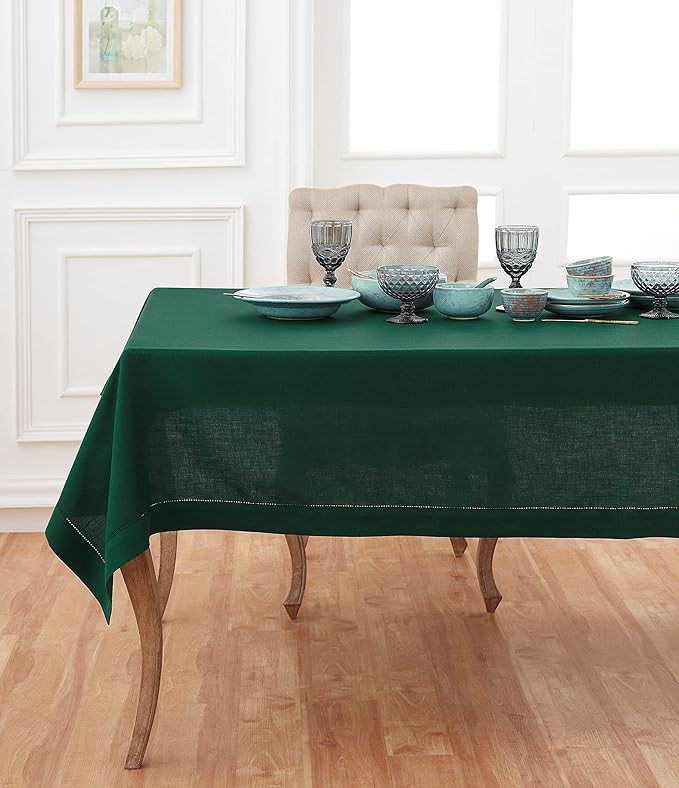 Solino Home Linen Tablecloth 60 x 120 Inch - Classic Hemstitch 100% Pure Linen Rainforest Green Table Cloth for Rectangle Tables - Machine Washable Tablecloth for St Patricks Day