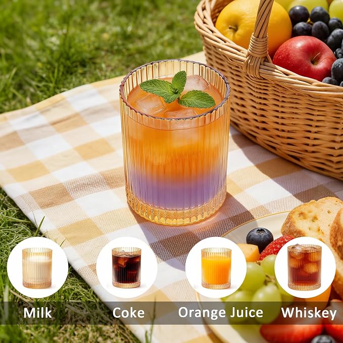 14 oz Ribbed Drinking Glasses Set of 6, High Clear Vintage Iced Coffee Cups - Image 5