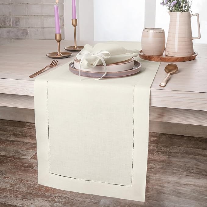 D'Moksha Homes Linen Ivory Table Runner 48 Inches - Classic Hemstitch, 100% Pure Linen Coffee Table Runner 14 x 48 Inch Ideal for Dresser Tables, Valentines, Spring, Easter
