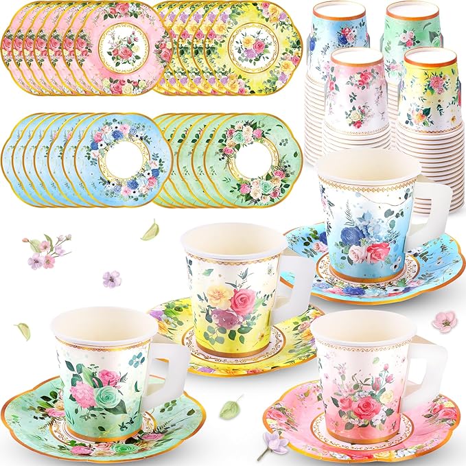 SUMMORO 160 Pcs Floral Paper Tea Cups and Saucers 7 OZ Disposable Paper Tea Cups by SUMMORO