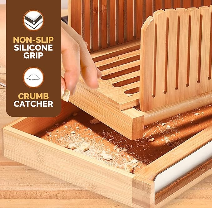 Bread Slicer for Homemade Bread - Adjustable Bamboo Bread Cutter with Knife, Foldable Slicing Guide & Crumb Tray - Bread Loaf Slicer for Sourdough, Cakes, Bagels, Loaves - Kitchen Gadgets Baking Gifts