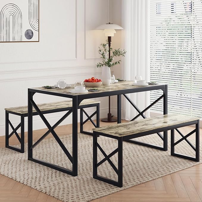 VECELO Kitchen Dining Table Sets for 6, 55" Wood Dinette 2 Benches with Metal Frame for Dinner Breakfast Nook and Small Space, Grey