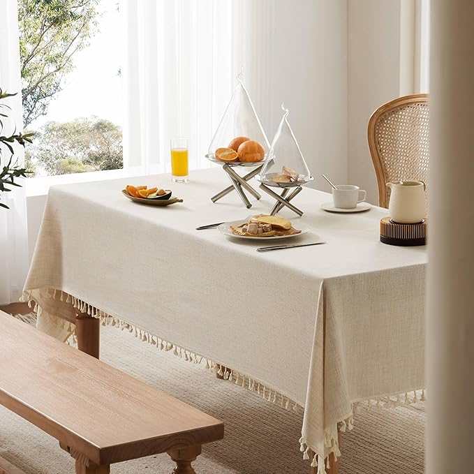 Linen Tablecloth with Tassels, Farmhouse Style Light Beige Tablecloth, Water Resistant Burlap Tablecloths for Square Table, 60x60 Inch Light Tan