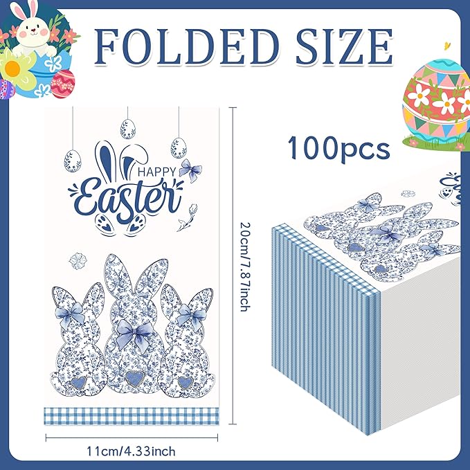 Easter Bunny Chinoiserie Napkins - 100 Pcs Blue White Happy Paper Dinner Disposable Party Decorations Sets Decorative Guest Cocktail Table Luncheon Beverage Supplies Decor Bulk 7.9 x 4.3 In