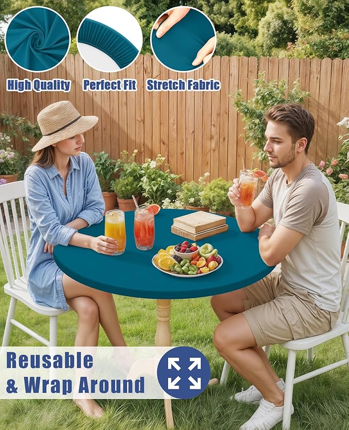 Round Spandex Tablecloth, Elastic Fitted Waterproof Tablecloths for 31"-35" Tables, Stretch Washable Picnic Table Cover for Camping, Dining, Indoor and Outdoor,Peacock Blue