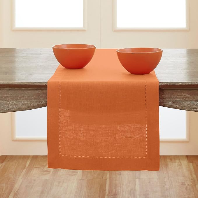 Solino Home 100% Pure Linen Table Runner Pumpkin Hemstitch, 14 x 120 in | by SolinoHome