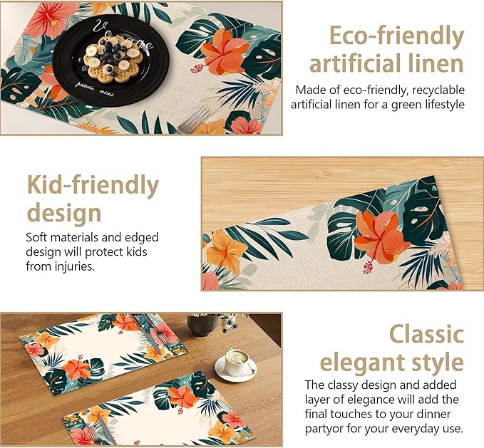 Placemats Set of 6 Tropical Floral Orange Flowers Place Mats Washable Kitchen Dining Linen Table Mats Stain Heat, for Home Party Indoor 12x18 in