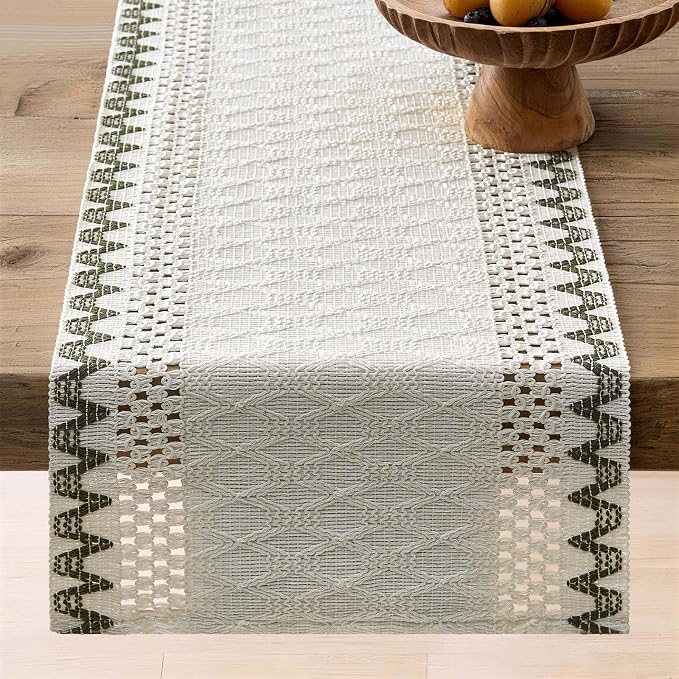 Macrame Side Trim Boho Woven Table Runner, Moss 12x72 Inch | Crochet Hollow - Image 6