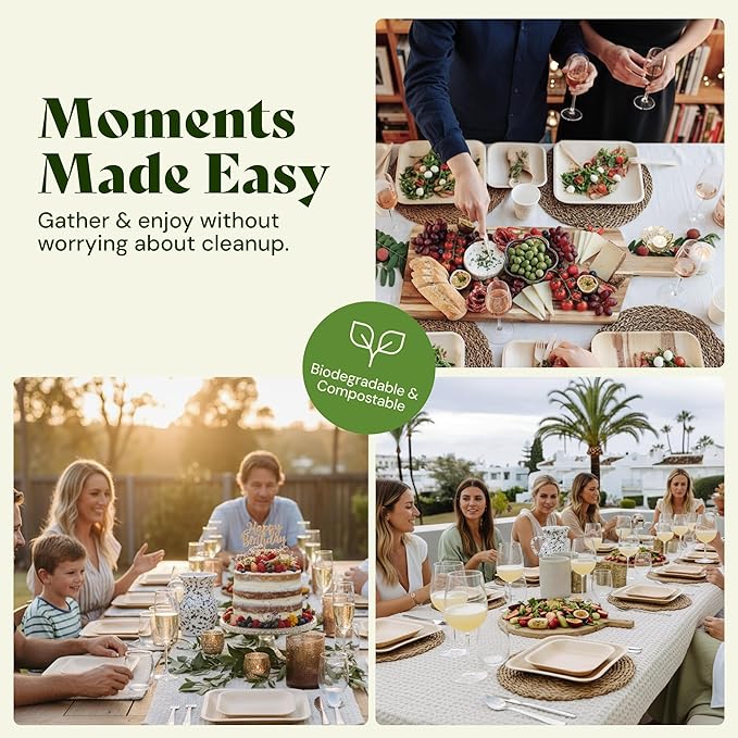 Chic Leaf Palm Leaf Plates 8 Inch - Disposable Bamboo Style Square Dinnerware for Winter Events & Ideal for Romantic Dinner for 2 - Heavy Duty, Compostable Serving Dish for Appetizers & Desser