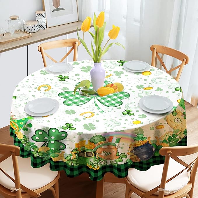 St Patricks Day Tablecloth, St Patricks Table Cloth Rectangle 60 x 120 with Shamrock Gnome, Saint Patricks Day Oblong Tablecloth Buffalo Check Plaid Kitchen Table Cover for Dining Room Indoor Decor