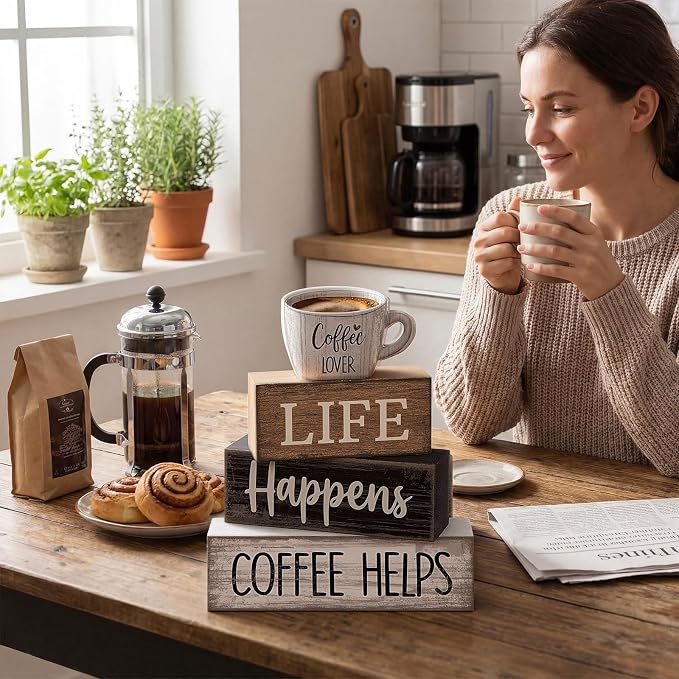 Moucuny 4 Pcs Farmhouse Coffee Bar Table Decor Vintage Wooden Stacked Block Sign - Image 4