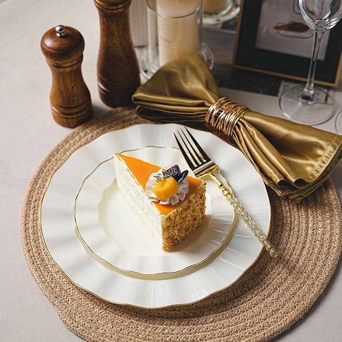 120PCS Ivory White Plastic Plates, Heavy Duty Disposable Party Plate with Gold Rim, Fancy 60 Dinner & 60 Dessert Plates for Parties and Wedding