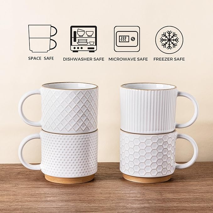 GBhome 15 OZ Stackable Coffee Mugs Set of 4, Ceramic Coffee Cups Set | 4 - Image 7