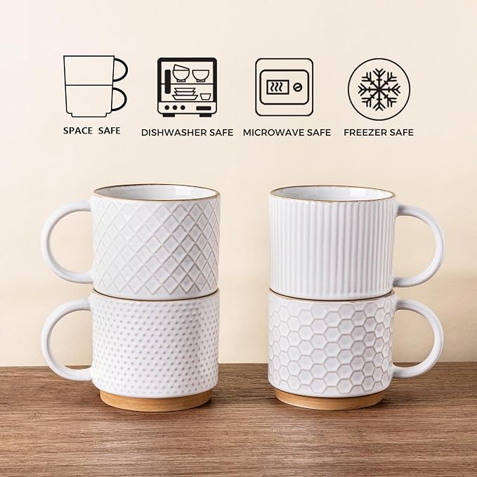 GBhome 12 OZ Stackable Coffee Mugs Set of 4, Ceramic White Coffee Cups Set | - Image 7