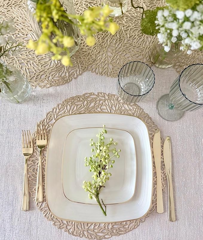 " OCCASIONS " 100 Plates Pack,(50 Guests) Premium Wedding Party Disposable Plastic Plates Set -50 x 10'' Dinner + 50 x 7'' Salad/Dessert (Belize Square in Ivory & Gold)