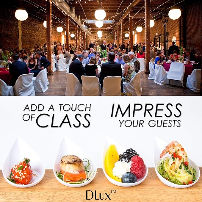 DLux 100 4-in Tear Drop Mini Appetizer Plates with Forks, Reusable White Plastic Spoons - Desserts and Appetizers Dishes Serving Plate - Asian Spoon Set, Small Catering Dessert Tasting Cups