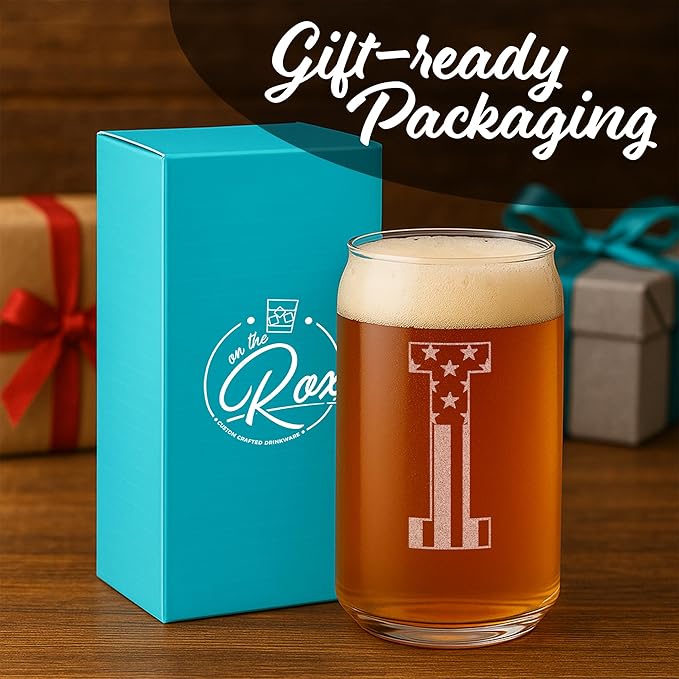 Monogram Beer Glasses for Men (A-Z) 16 oz - Beer Gifts for Men Brother Son Dad Neighbor - Unique Gifts for Him - Personalized Drinking Gift Beer Glass Mugs - Engraved Beer Can Glass (I)