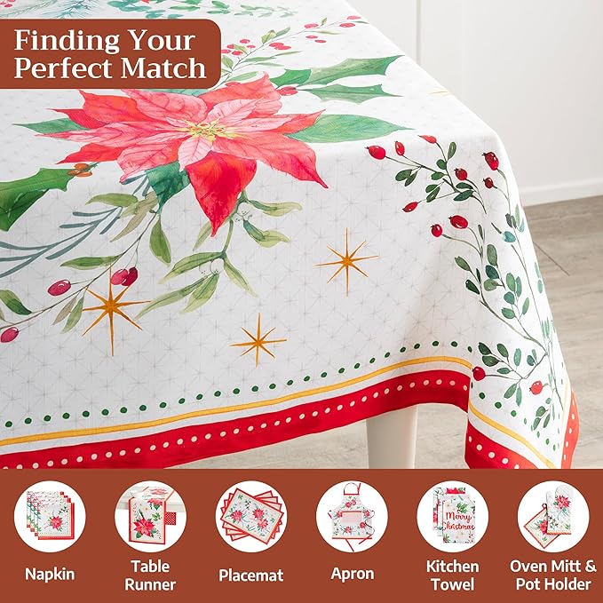Maison d' Hermine Table Cloth Rectangle Table 100% Cotton 60 x 90 Inches Fall Tablecloth Reusable Everyday Use for Thanksgiving Christmas Decorations Dining Farmhouse Party (Poinsettia Christmas)