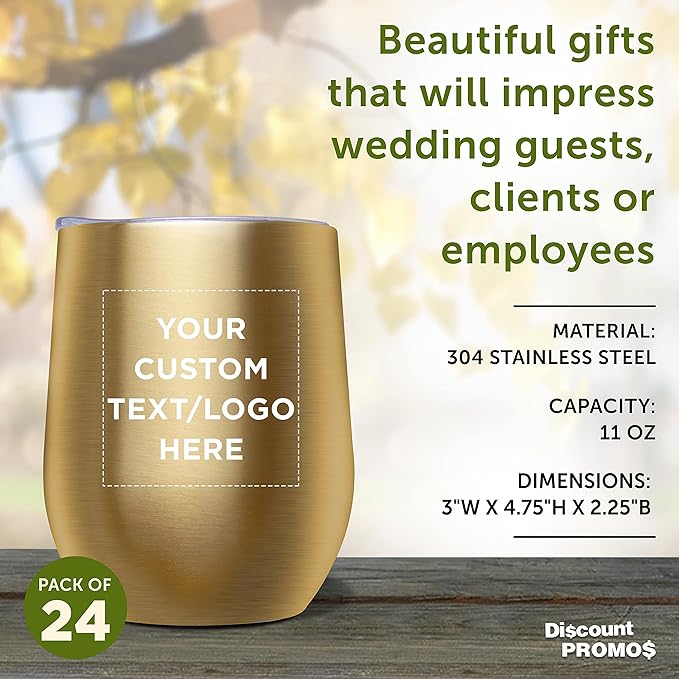 Custom Stemless Wine Glass Tumblers with Lids by Largo 11 oz. Set of 24, Personalized Bulk Pack - Perfect for Wine, Cocktails, Other Hot & Cold Beverages - Gold