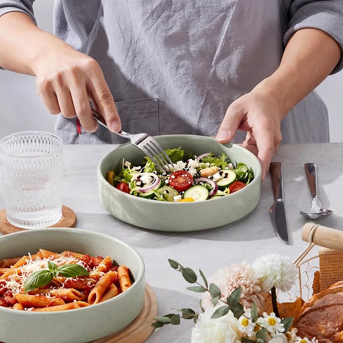 E-far Pasta Bowls Set of 6, 35 oz Large Stoneware Bowl Plates | Shallow & Wide - Image 3