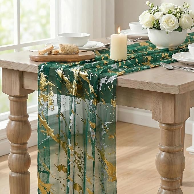Artoid Mode Marble Pattern Green Gauze Table Runner 10FT, Glitter Metallic Foil - Image 5
