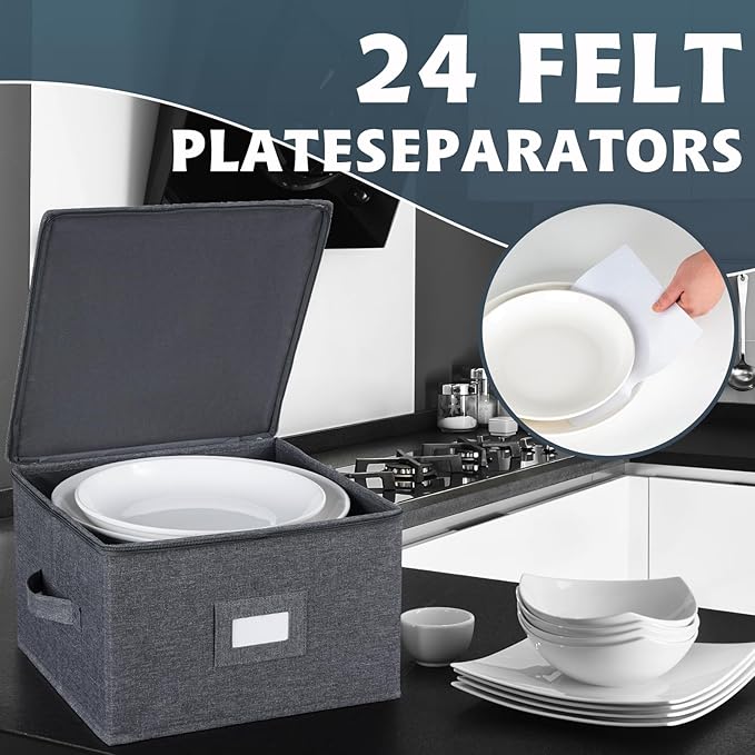 popoly China Storage Containers Hard Shell Inside 12" W x 8" H, Dinner Plate Storage Containers for Dishes, Dinnerware with 24 Felt Dividers, Hold 24 Plates, Stackable (2 Pack Grey)