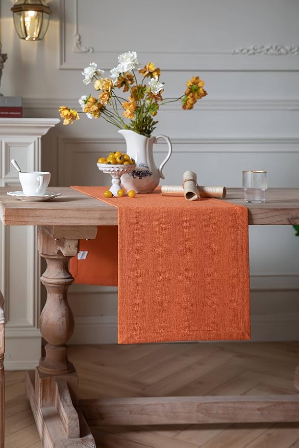 Burlap Style Farmhouse Table Runner, 14x108 Inches Harvest Pumpkin | Thick - Image 3