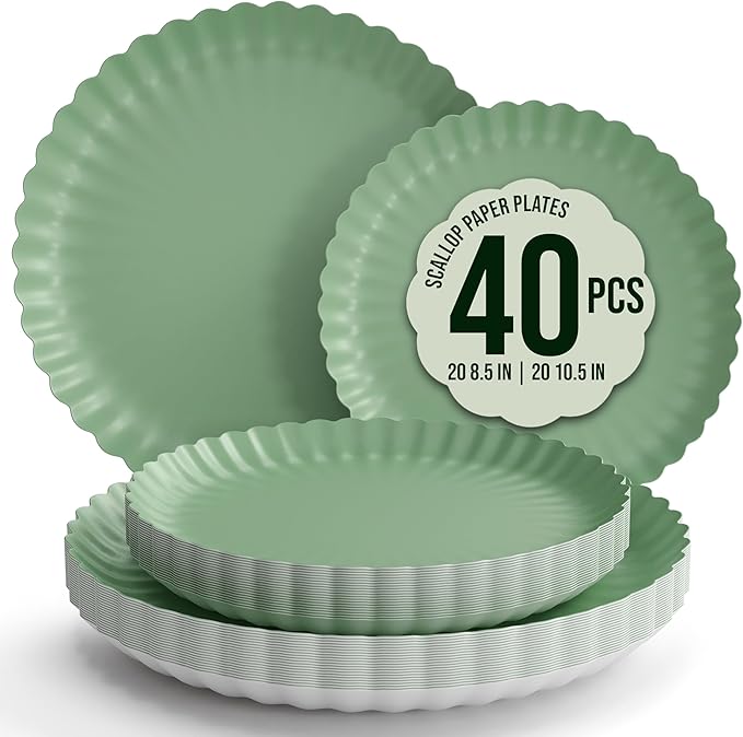 Trendables Floral Paper Plates 8.5 Inch & 10.5 Inch 40 Pcs Dinner Plate Set Fancy Disposable Plates for Party for 20 Guests 20 X 8 & 20 X 10 Large & Small Paper Plate Set for Parties Matcha