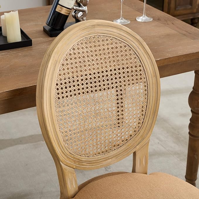 SoarFlash French Dining Chairs Set of 2, Vantage Dining Chair with Round Back, Wood Leg Farmhouse Country Rattan Dining Chair for Kitchen,Bedroom,Brown