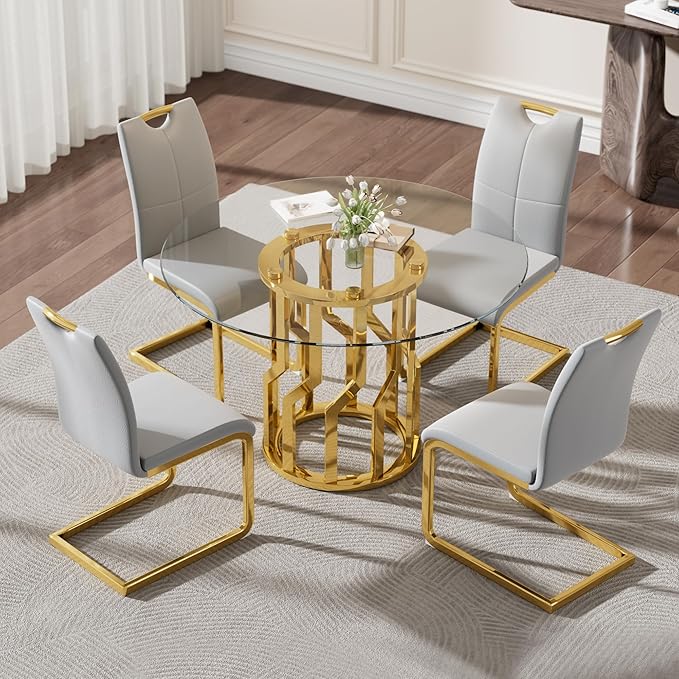 38.9" Round Glass Dining Table Set for 4, Modern 5 Piece Kitchen Table Set with Gold Stainless Steel Base & 4 PU Leather Accent Chairs, Saving Space, Dining Set for Apartment, Home - Grey Chair