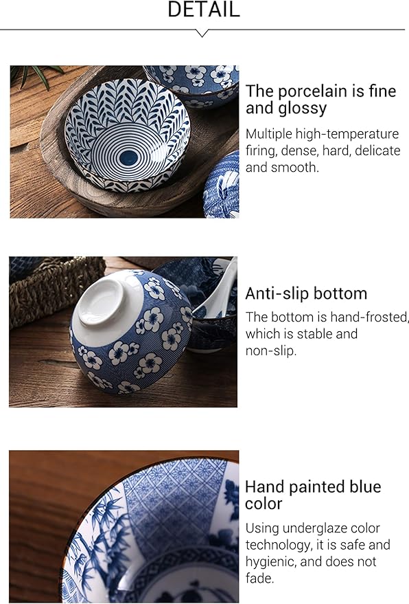 Gegong Blue and White Porcelain Dinnerware Set, Dishes, Bowl, Spoon, Chopsticks, Service for 1, Colorful Glazed Ceramic Set, Gift Box Packaging (Mixing)