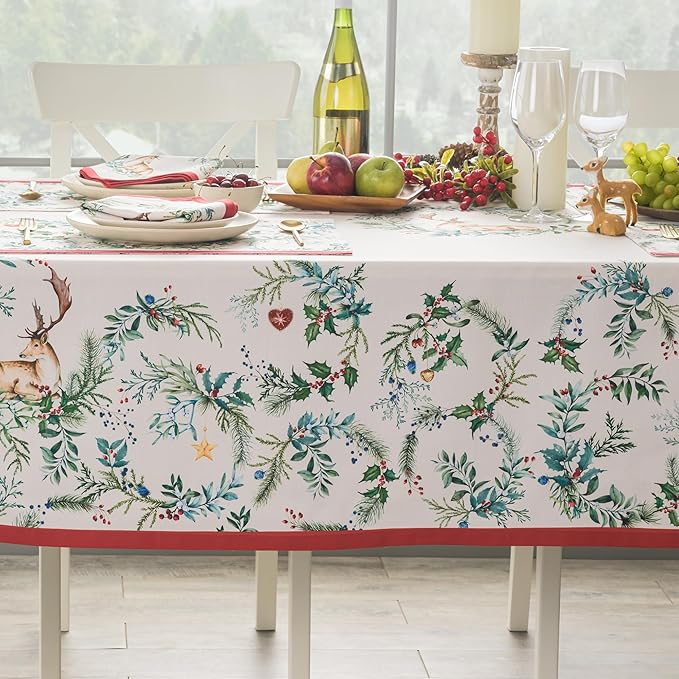 Maison d' Hermine Table Cloth Rectangle Table 100% Cotton 54 x 72 Inches Fall Tablecloth Reusable Everyday Use for Thanksgiving Christmas Decorations Dining Farmhouse Party (Holly Time)