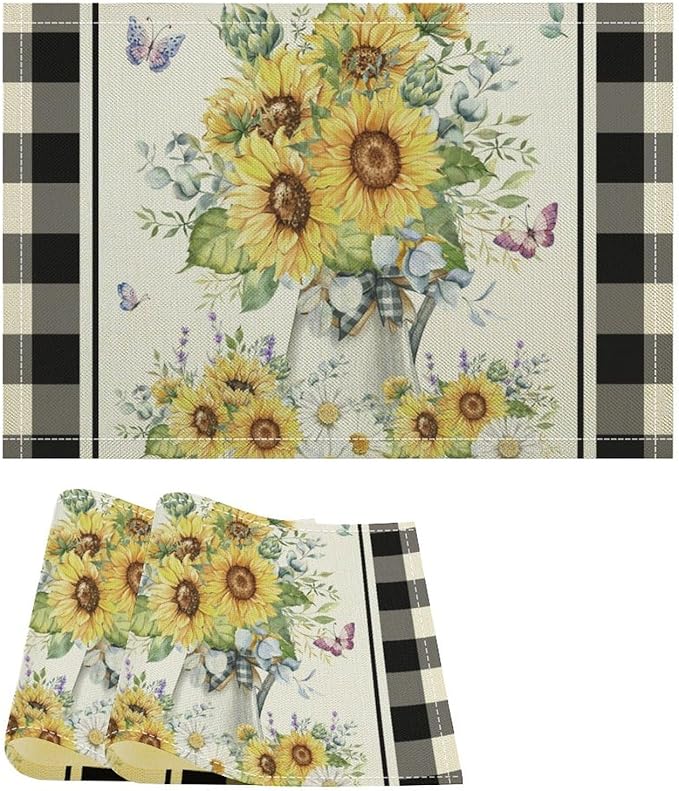 Vintage Sunflower Theme Placemat Set, Rustic Farmhouse Vivid Lavender Floral Butterflly Black White Check Pattern Home Decor Linen Table Mats for Dining Room Kitchen Party (17x12in) x2P