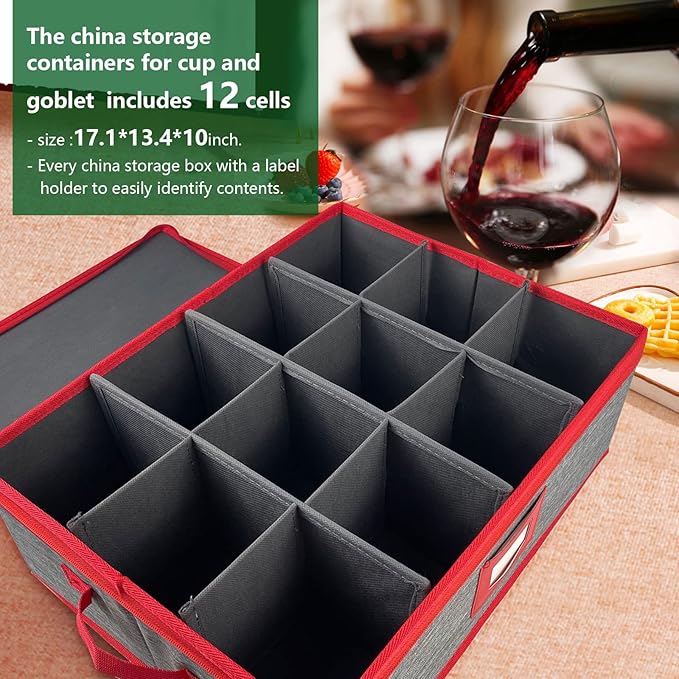 VERONLY Wine Glass Storage Box with Dividers, Stemware Storage Case Hard Shell Stackable for Up to 12 Glasses, Crystal Glassware Containers for Holidays (Grey and Red)