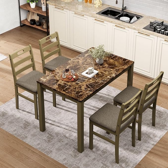 Sophia & William 5 Piece Dining Table Set for 4, Faux Marble Kitchen Table and Chairs Set, Solid Wood Farmhouse Dinner Table Set,Emperador Dark Marble & Olive