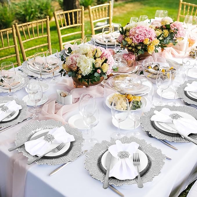 Dandat 48 Pcs Charger Plate Bulk 13'' Floral Reef Plates with Napkin Ring Plastic Dinner Charger Hollow Out Flower Napkin Holder Plastic Plate for Table Setting Wedding Party (Silver)
