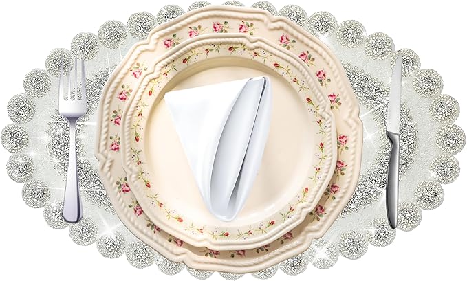 Sparkling Silver Diamond Placemats Bling Oval Place Mat Heat Elegant Table Decor for Weddings, Holidays, and Special Events (15x9 Inch)-4 PCS