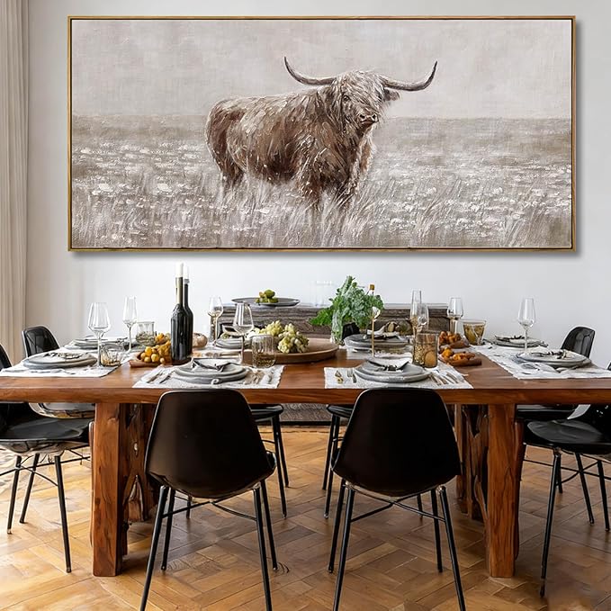 Extra Large Brown Highland Cow Canvas Wall Art with Framed Rustic Farmhouse Animal Posters Pictures Modern Country Style Wall Decor for Living Room Bedroom Office 40x88 Inch