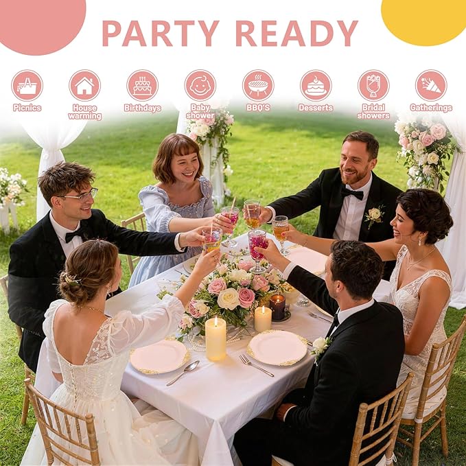 102PCS Pink Plastic Plates - Pink and Gold Plate - Heavyweight Disposable Plate with Gold Rim - Fancy Dinner & Dessert Plates for 51 Guests Weddings & Parties