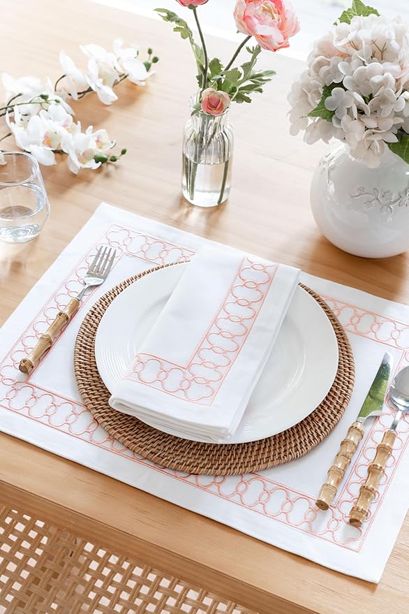 Hofdeco Premium Coastal Patio Indoor Outdoor Placemat Set of 4, 14"x19" Double-Layered, Waterproof Cloth Placemat for Kitchen or Dining Table. Blush Pink Embroidered Frame