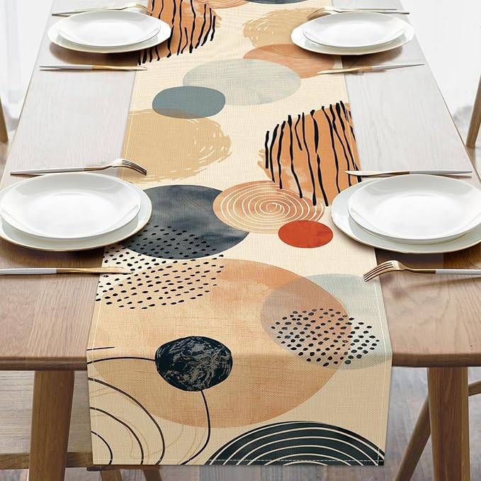 Boho Modern Geometric Dining Table Runner, Circle Abstract Art Burlap | Kitchen by Croar