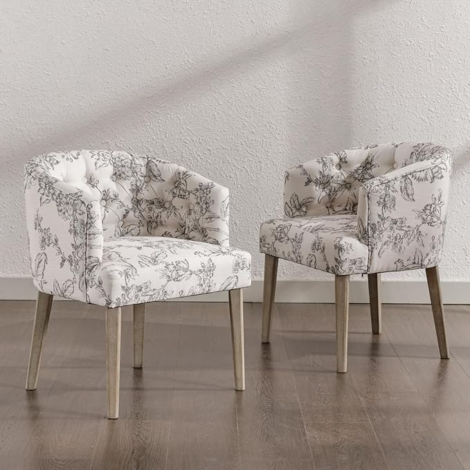 Mid-Century Dining Chairs Set of 4, Tufted Upholstered Linen Dining Room Chairs Comfy Side Chair Armchair Guest Chair with Wooden Legs for Dining Room Living Room, Floral Pattern