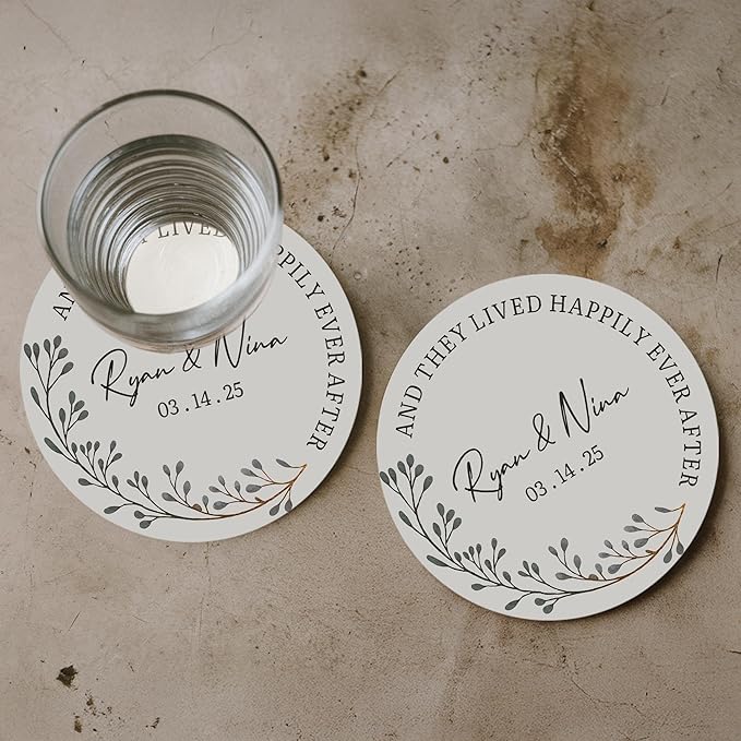 100 Pack Personalized Wedding Coasters, Custom Cardboard Coasters for Drinks with Photo Print and Text, Keepsake Wedding Favors and Gifts for Couples, 3.95" Round (Design 2)