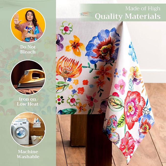 Maison d' Hermine Table Cloth Rectangle Table 100% Cotton 60 x 90 Inches Tablecloth Reusable Decorative for Dining Room Farmhouse Valentines Day Decorations Spring Summer - Happy Florals - High Summer