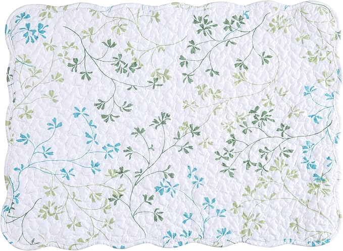 C&F Home Olivia Blue and White Floral Cotton Quilted Reversible Machine Washable Vintage Design Placemat Set 6 Scalloped Edges for Kitchen or Dining Table Rectangular Placemat Set of 6 White