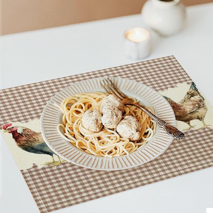 Rustic Rooster Placemat Set, Vintage Boho Farmhouse Colorful Watertcolor Chicken Pink Plaid Pattern Home Decor Table Mats for Dining Room Kitchen Party (17x12in) x6P