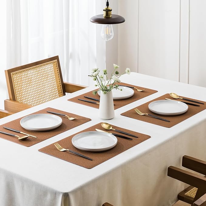 Jovono Faux Leather Placemats Set of 4, Waterproof Washable Table Mats, Easy-Clean Heat Resistant Kitchen Vinyl Place Mat for Dining Table, Restaurant, Indoor, 17.8"x11.8", Brown
