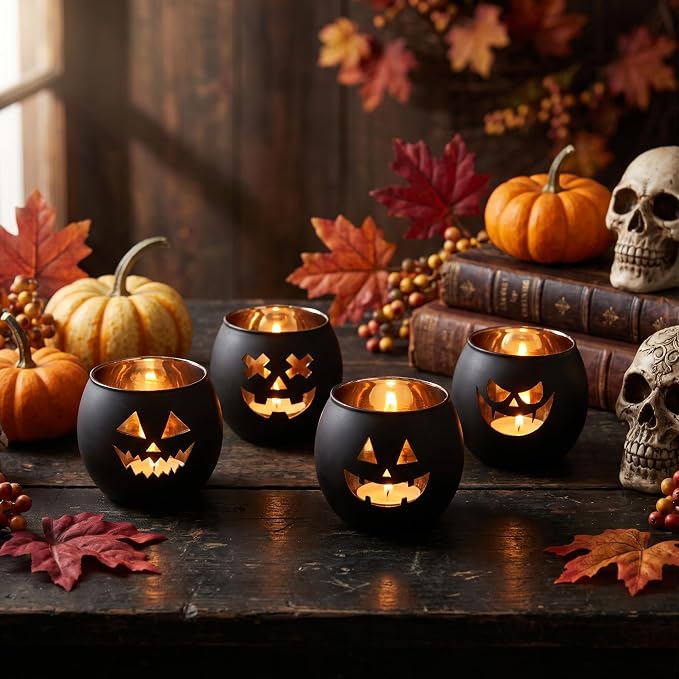 Halloween Tea Light Candle Holders Set of 6 | Gold Interior Black Jack O - Image 7